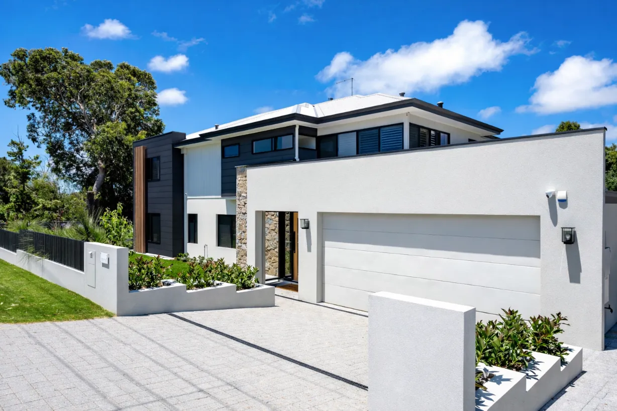 Elevated custom home design in Dawesville with contemporary exterior detailing