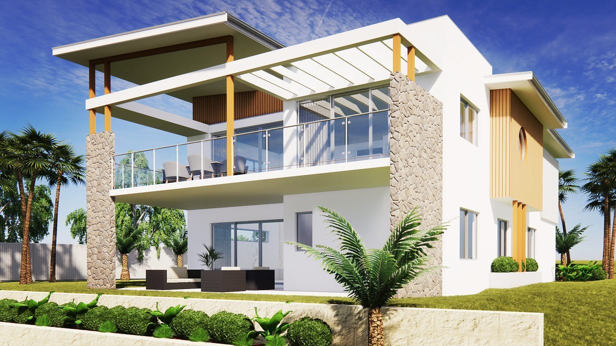 Two-storey modern luxury home surrounded by tall palm trees