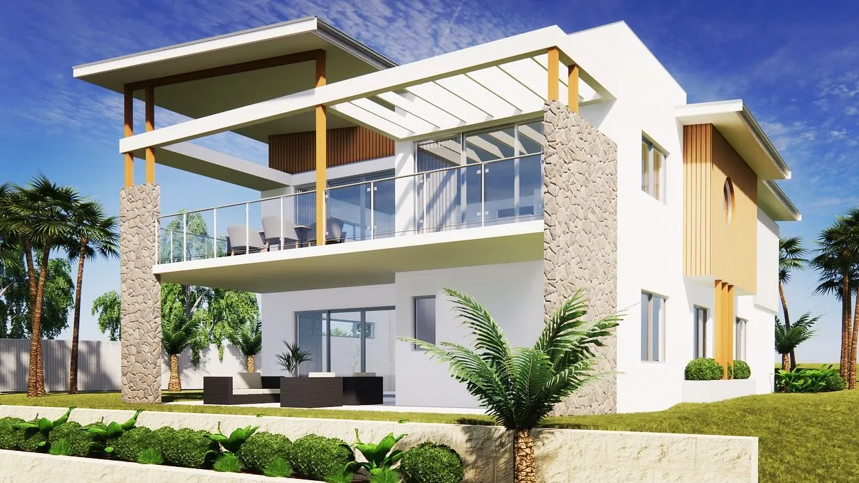 Two-storey modern luxury home surrounded by tall palm trees