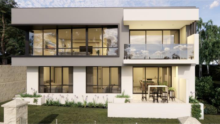 Modern white home with an outdoor patio and a front yard swimming pool.