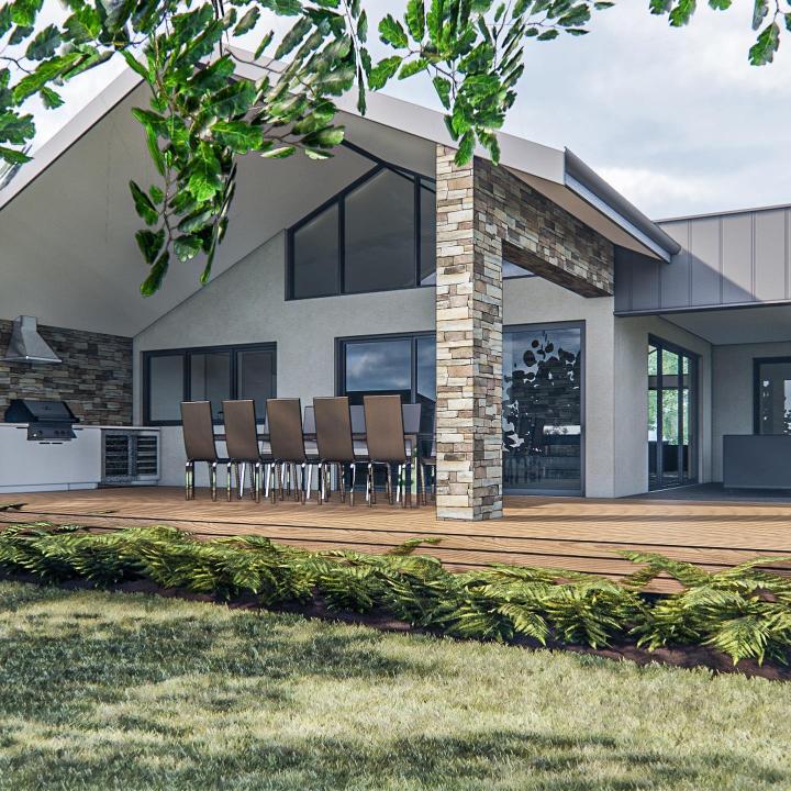 Covered wooden deck with an outdoor dining table, stone pillar, and built-in grill.