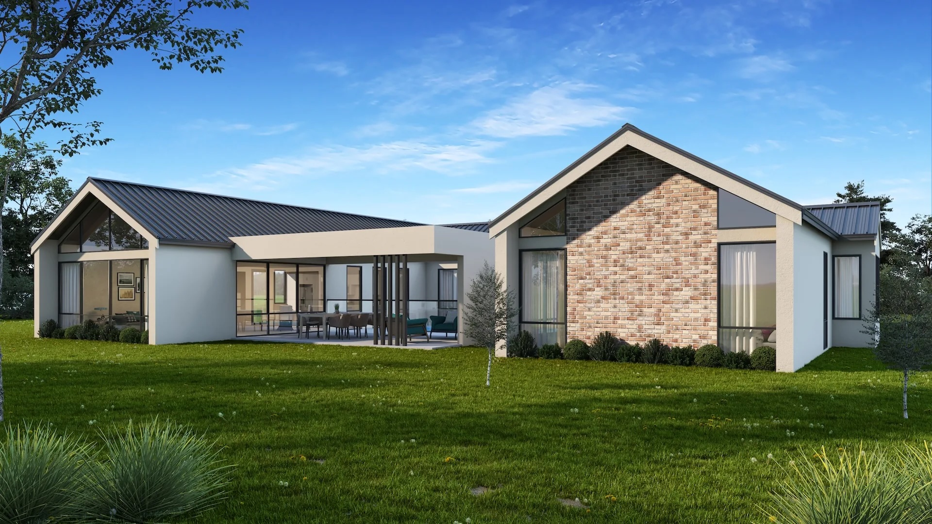 Exterior of the North Dandalup project showing the H-shaped pavilion layout with twin gable rooflines, feature brickwork, and a covered central alfresco connecting the two wings