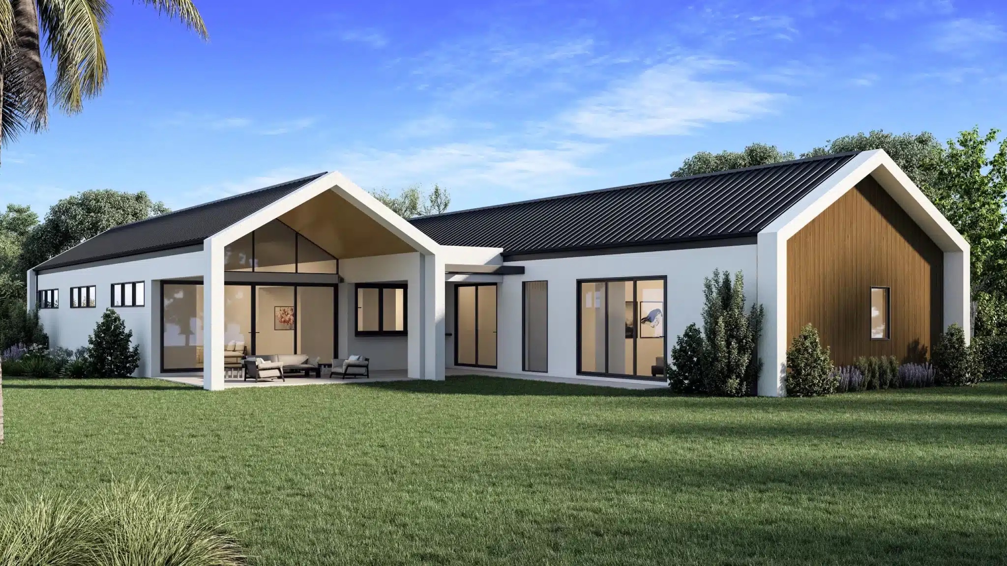 The Parkridge by DA Burke, a single-storey modern farmhouse with multiple gable rooflines, dark COLORBOND roofing, rendered walls, a timber cladding feature, and a covered alfresco
