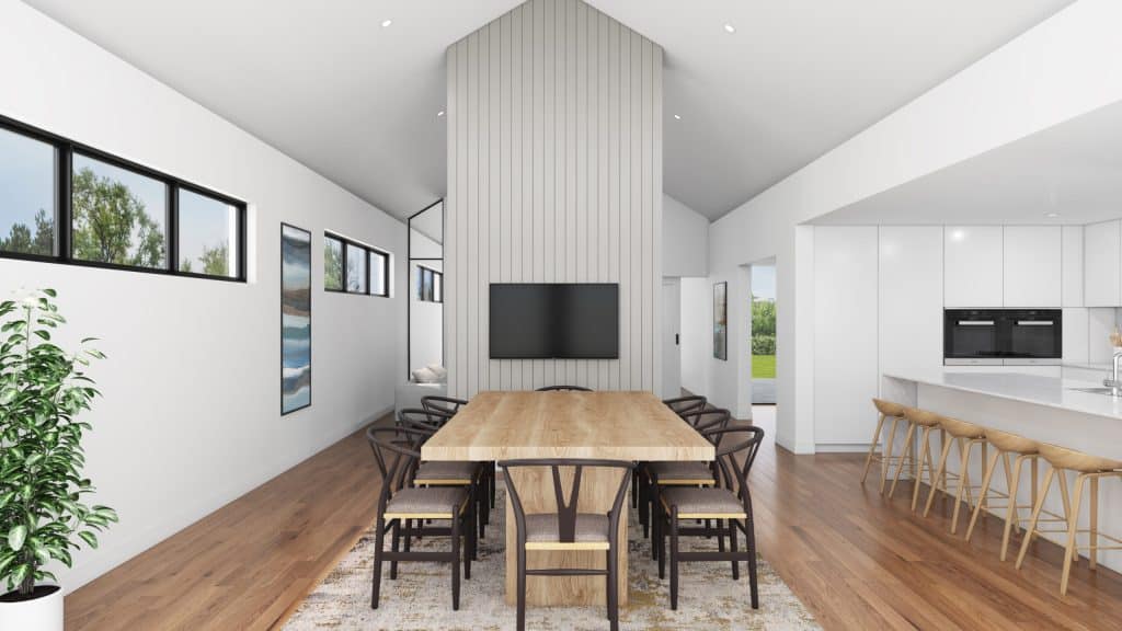 Open-plan dining and kitchen inside The Parkridge by DA Burke, featuring a full-height raked ceiling with vertical panelling, timber flooring, black-framed windows, and a neutral farmhouse palette